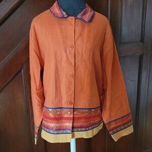 Vintage Coldwater Creek Button-Up Jacket W/ Embroidered Trim Orange Linen Womens